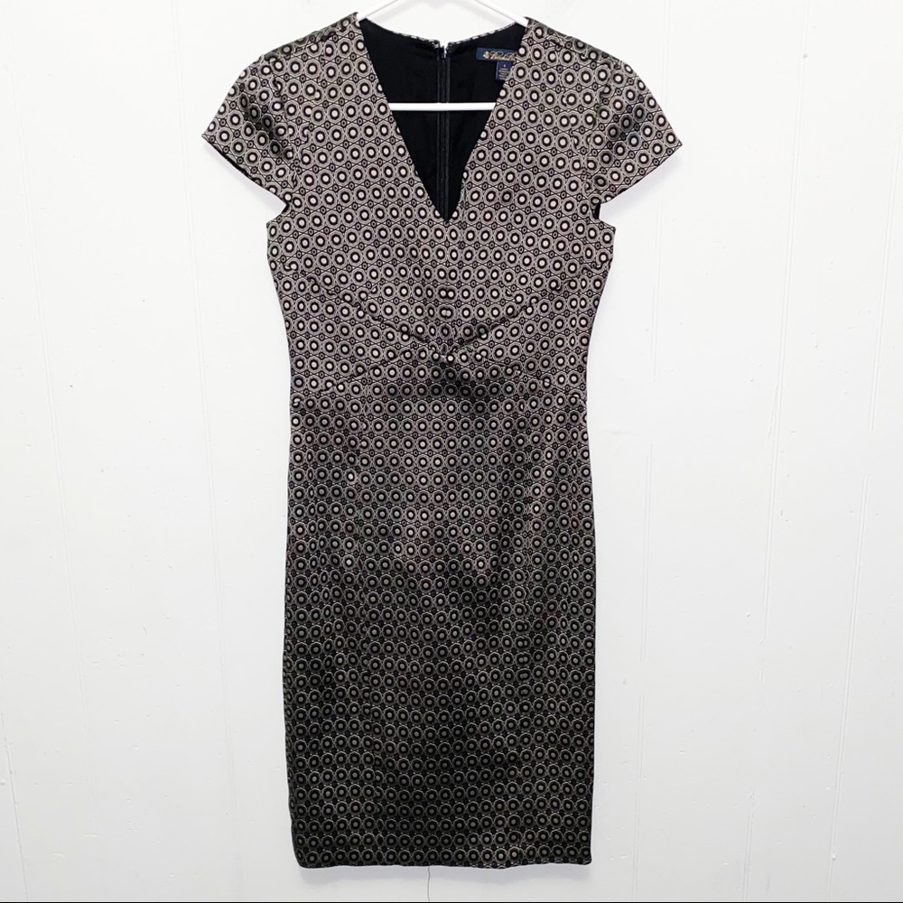 Brooks Brothers Black Geometric V-Neck Midi Dress